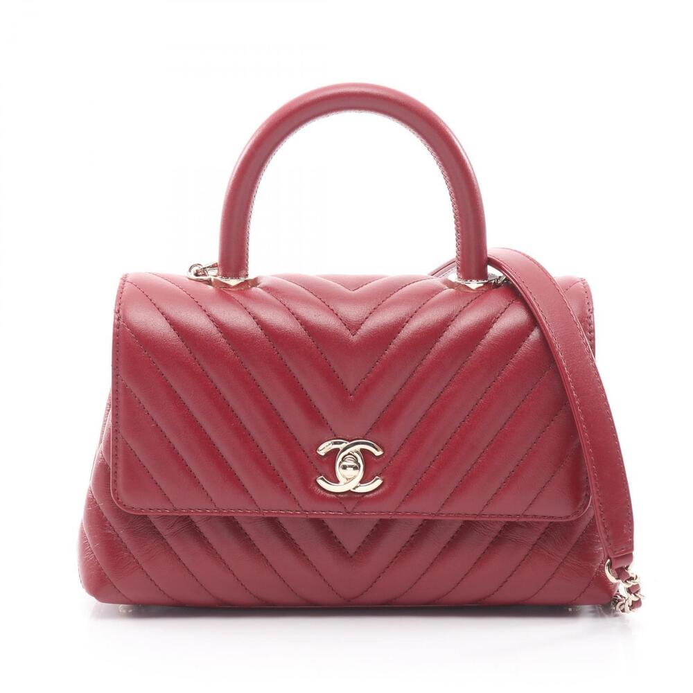 Chanel Coco Handle Flap V Stitch Chevron Handbag Leather Bag Red